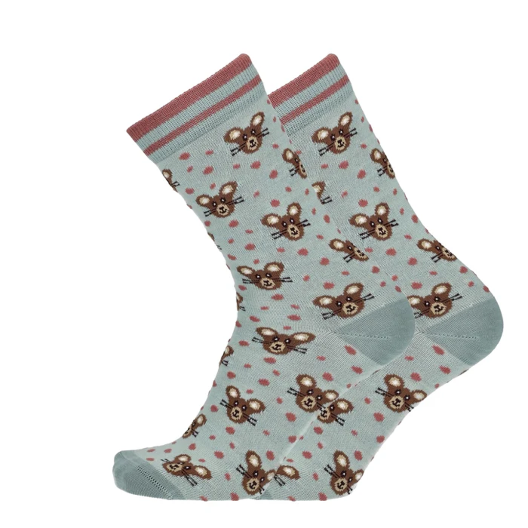 Hellblaue Merino Socken mit Mäuseprint und rosa Rippbund