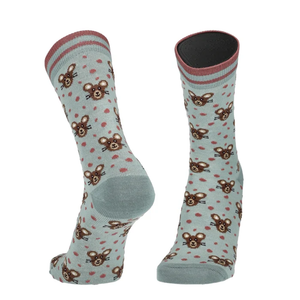 Paar hellblaue Merino Socken mit Mäuseprint und rosa/blauem Rippbund