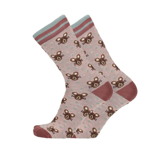 Hellrosa Merino Socken mit Mäuseprint und gestreiftem Bund