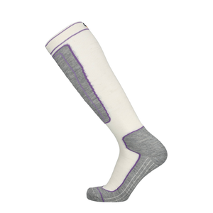 Kniehohe Merino Skisocke off-white mit lila Akzenten und grauer Unterseite