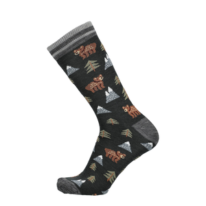 Merino Socken mit Waldprint, dunkelgrau mit Tieren, Bäumen und winterlichen Flächen