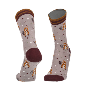 Merino Socken mit Biberprint, hellgrau mit dunkelrotem Bund und Zehen, Paar