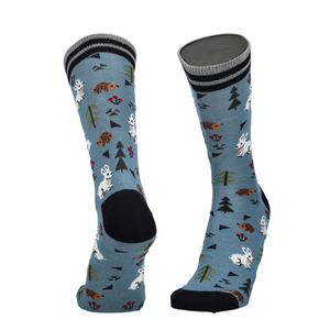Blaue Merino Socken mit Hasenprint, Paar mit schwarzem Bund und runder Zehe