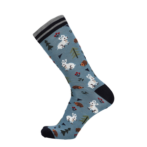 Blaue Merino Socke mit Hasenprint und schwarzem Rippbund