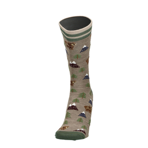 Merino Socken mit Waldprint, Taupe Melange mit grünem Rand und Landschaftsmuster