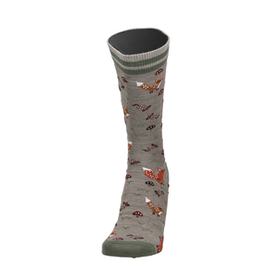 Merino Socke mit Fuchsprint, Taupe Melange mit grünem Bund und flacher Zehe