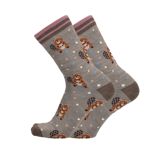 Merino Socken mit Biberprint, grau mit blauen und rosa Punkten, gestreifter Bund