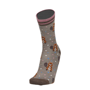 Merino Socke mit Biberprint, grau mit blauen und rosa Punkten, rosa gestreifter Bund