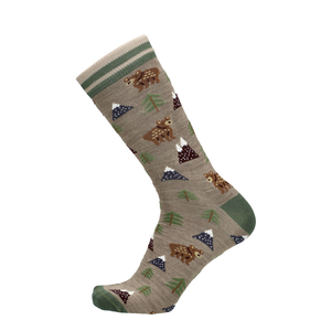 Merino Socken mit Waldprint, Taupe Melange mit Bäumchen, Tieren und grünen Zehen