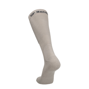 Beige taktische Merino Socke, Knöchel- und Fersenbereich mit Markenprint oben