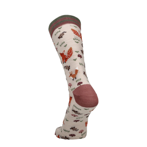 Merino Socke mit Fuchsprint, beige mit rot/rosa Ferse und Zehe