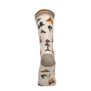 Beige Merino Socke mit Campingprint und braunem Rippbund, Rückansicht des Schafts.