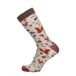 Merino Socken mit Fuchsprint, beige mit rot/rosa Zehe und Bund