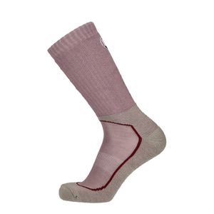 Wandersocken rosa mit bordeauxroten Bahnen und verstärkter Ferse/Fußgewölbe