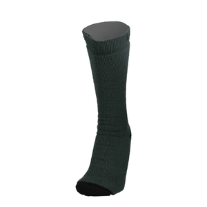 Taupe Melange Merinosocke mit schwarzer Zehe und Ferse, Seitenansicht.