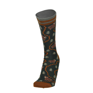 Dunkelgrüne Merino Socke mit Bärenprint, grauem Bund und orangefarbenen Rändern