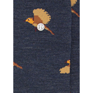 Dunkelblaue Merino Socken mit Rotkehlchen-Print für komfortables Tragen im Alltag