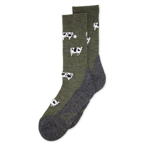 Kuh Merino Wandersocken mit Frotteesohle in grünem Design, bequem und stylisch für Wanderungen.