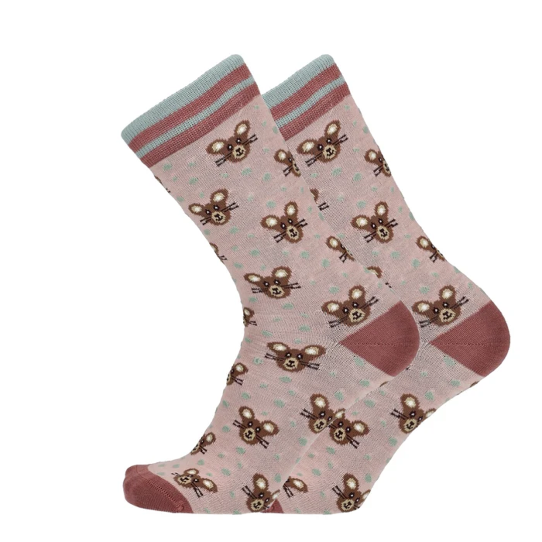 Hellrosa Merino Socken mit Mäuseprint und gestreiftem Bund