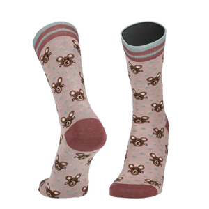 Paar hellrosa Merino Socken mit Mäuseprint und gestreiftem Bund