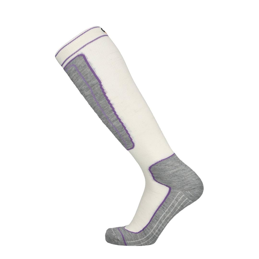 Kniehohe Merino Skisocke off-white mit lila Akzenten und grauer Unterseite