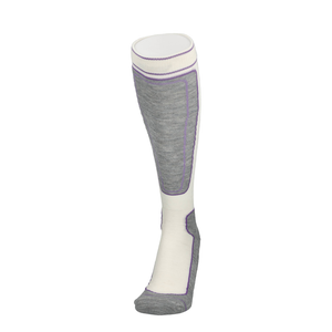Kniehohe Merino Skisocke off-white mit grauem Fuß und lila Bund