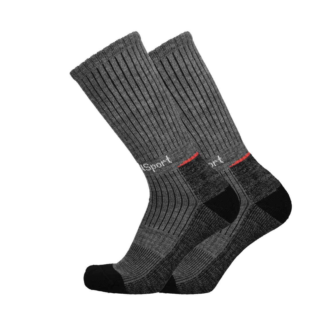 Merino Wandersocken anthrazit mit schwarzer Ferse/Zehe und roten Akzenten, gerippter Schaft
