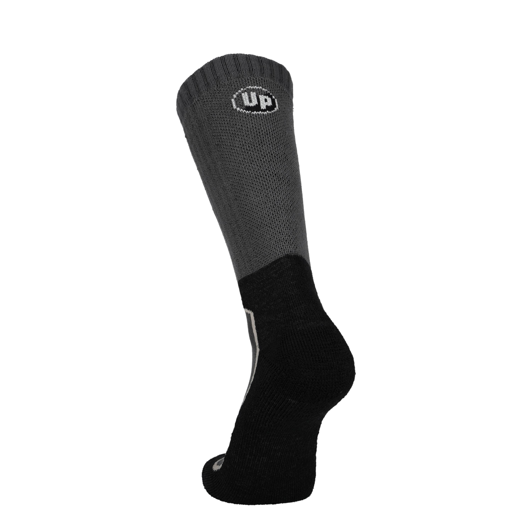 Dunkelgraue Wandersocke mit schwarzer Ferse und Zehe und Up-Logo