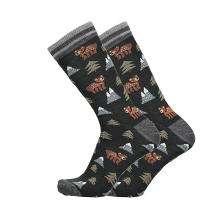 Merino Socken mit Waldprint, dunkelgrau mit Tieren und Bäumchen