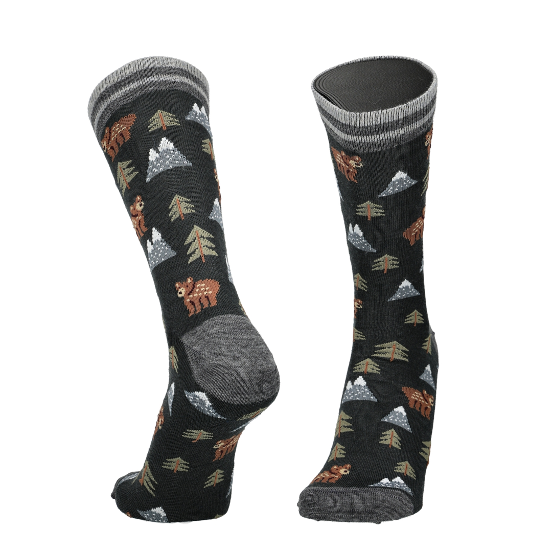 Merino Socken mit Waldprint, dunkelgraues Paar mit Tier- und Baummuster