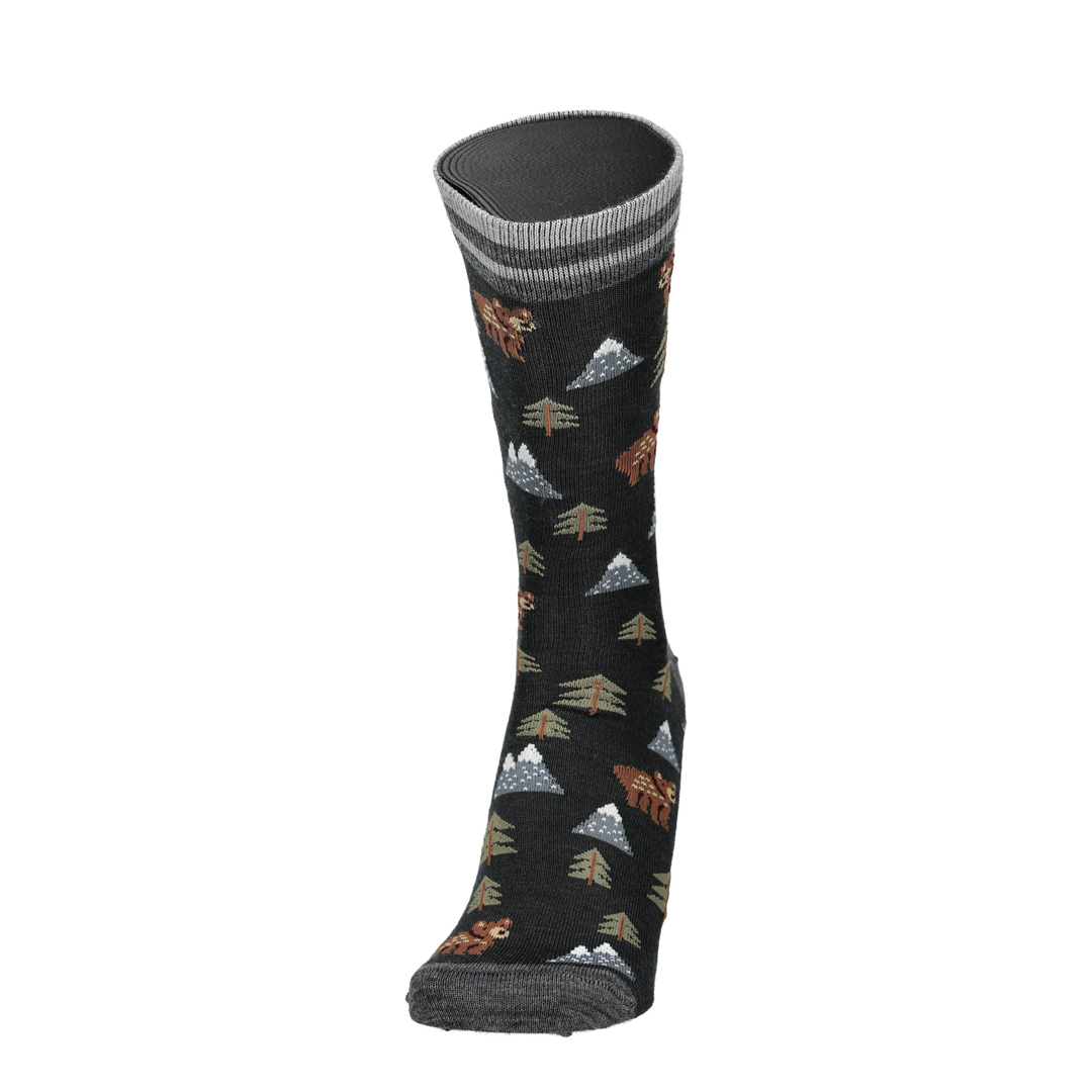 Merino Socken mit Waldprint, dunkelgrau mit grauen Bündchen und Tiermuster