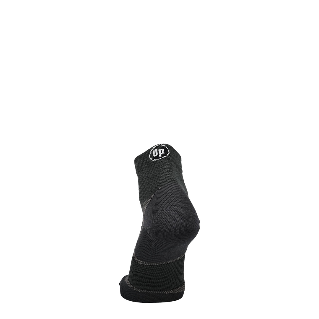 Graphitgrüne Merino Wandersocke mit UP-Logo und verstärkter Ferse, Rückansicht
