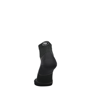 Graphitgrüne Merino Wandersocke mit UP-Logo und verstärkter Ferse, Rückansicht