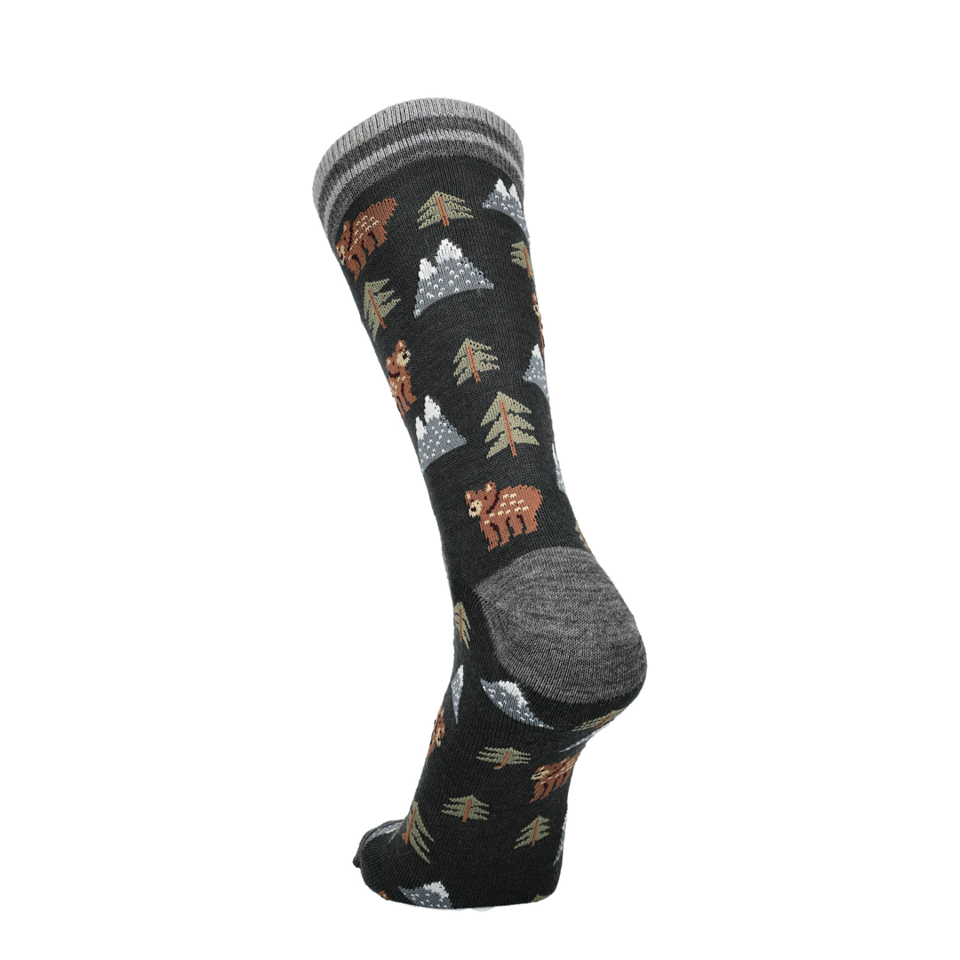 Merino Socken mit Waldprint, dunkelgrau mit Tieren und Bäumchen, gestreifter Bund