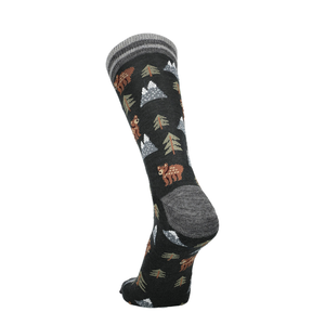 Merino Socken mit Waldprint, dunkelgrau mit Tieren und Bäumchen, gestreifter Bund