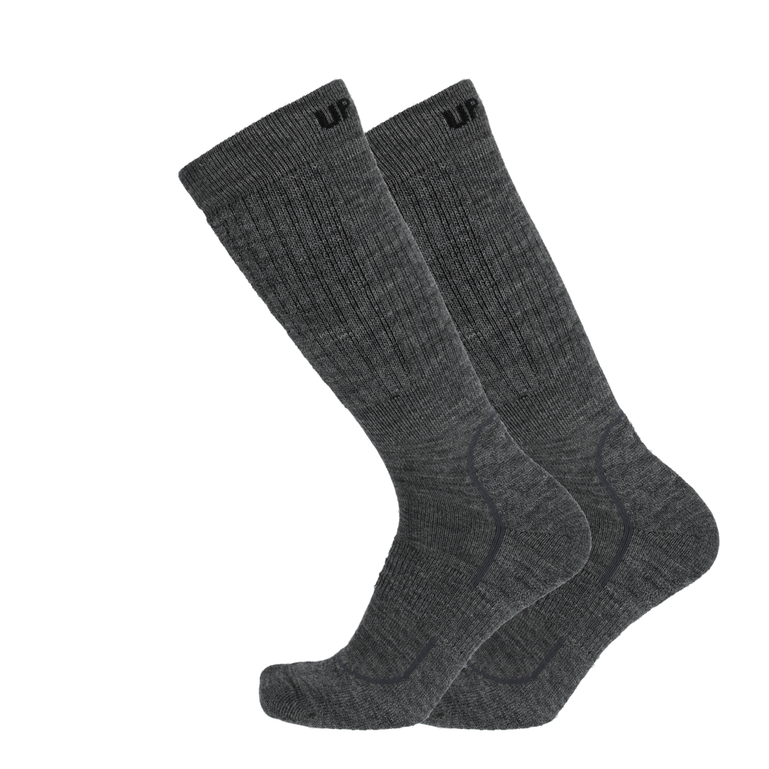 Dunkelgraue Merinosocken mit Logo und geripptem Bund