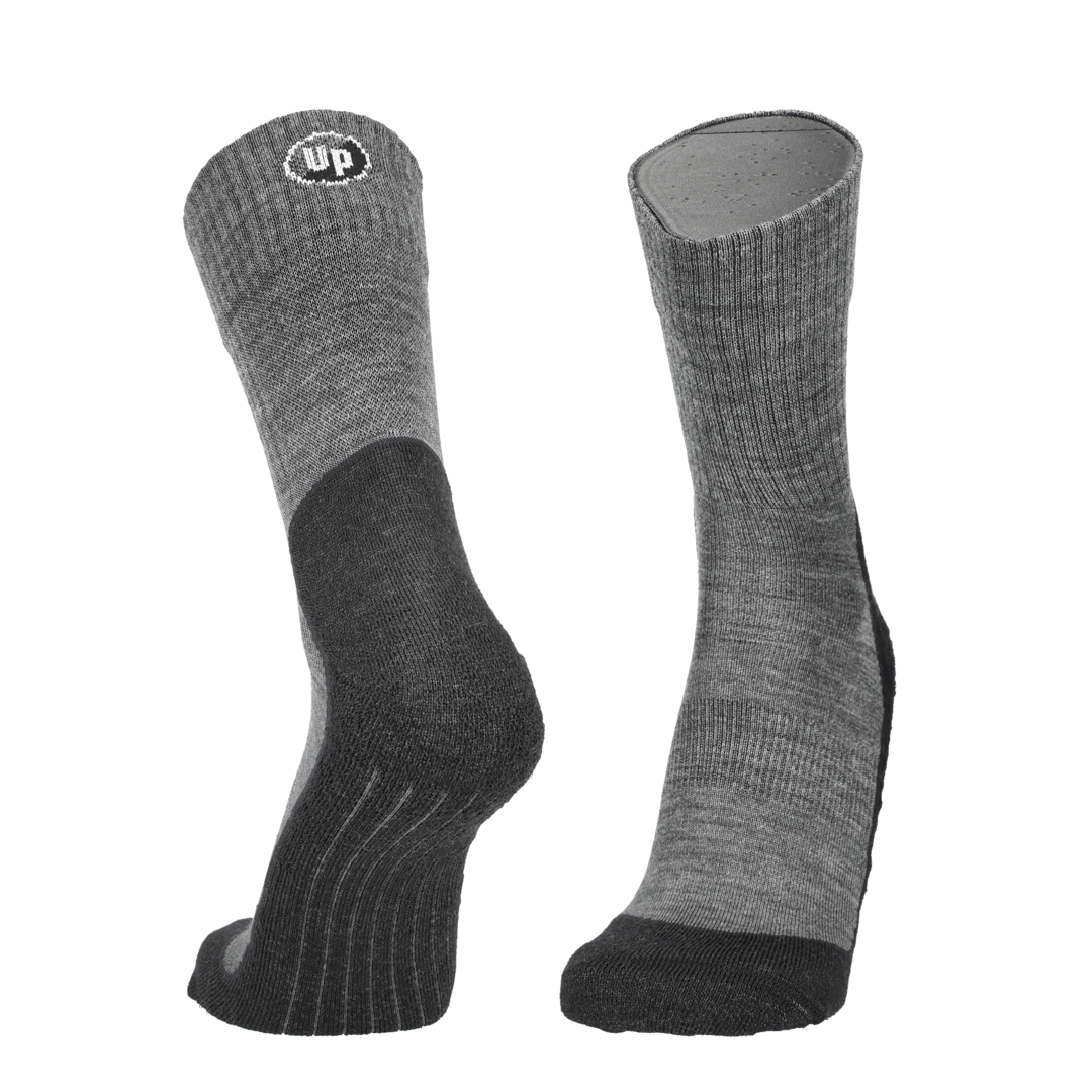 Merino Tencel Wandersocken, grau mit dunkelgrauem Bund und Up-Logo (Paar)