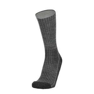 Graue Merino Wandersocke mit dunkelgrauem Zehenrand und geripptem Fußbund.