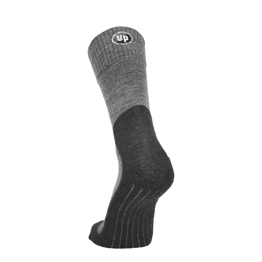 Merino Tencel Wandersocke, mittelgrau mit dunkelgrauer Ferse/Zehe und Up-Logo