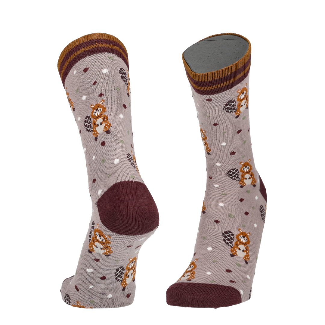 Merino Socken mit Biberprint, hellgrau mit dunkelrotem Bund und Zehen, Paar