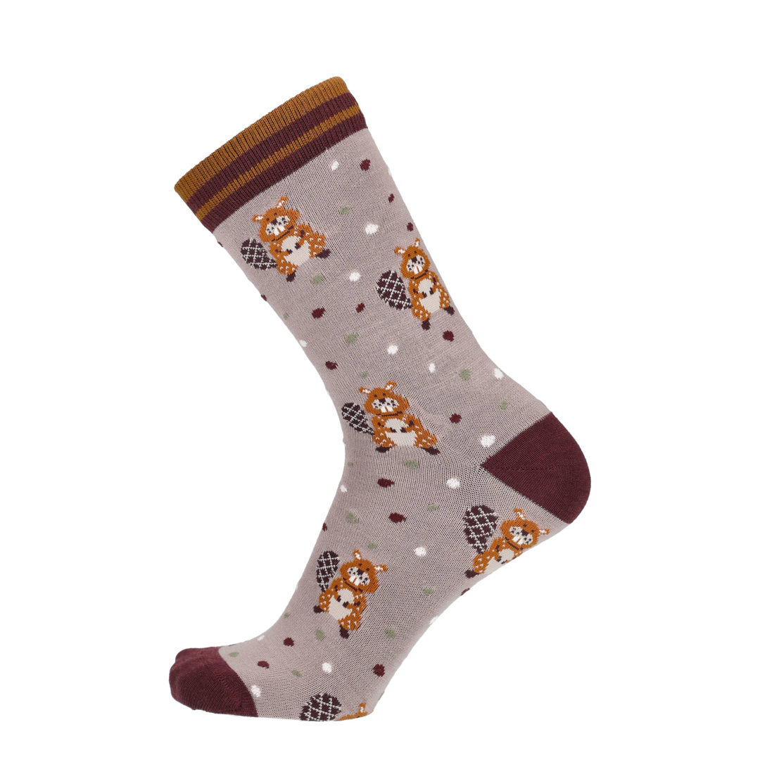 Merino Socken mit Biberprint, hellgrau mit braunen Bibern und dunkelroten Zehen