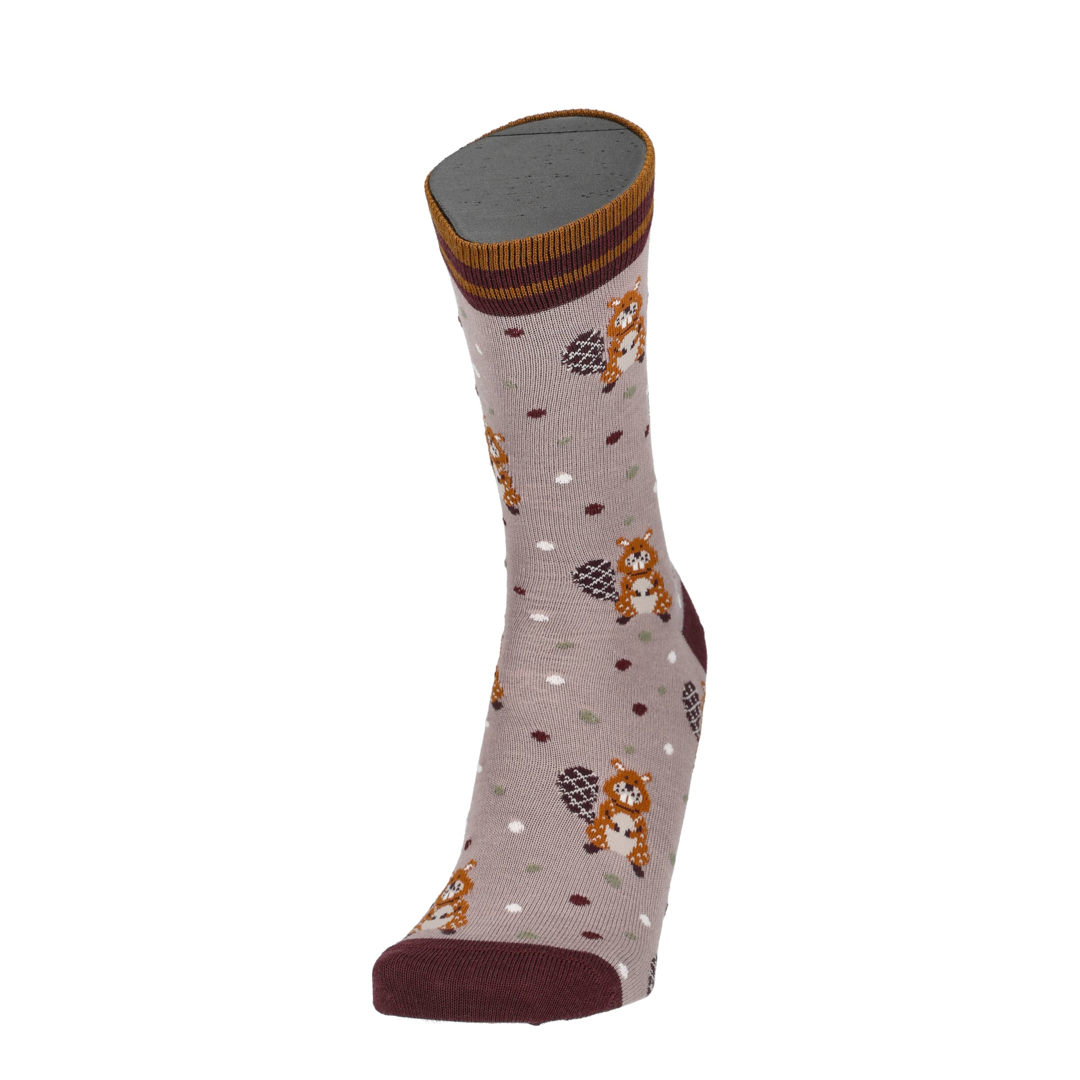 Merino Socke mit Biberprint, hellgrau mit dunkelroter Zehe und gestreiftem oberem Rand