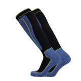 Kniehohe Merino Skisocken schwarz mit blauen Einsätzen und gelbgrünen Paspeln