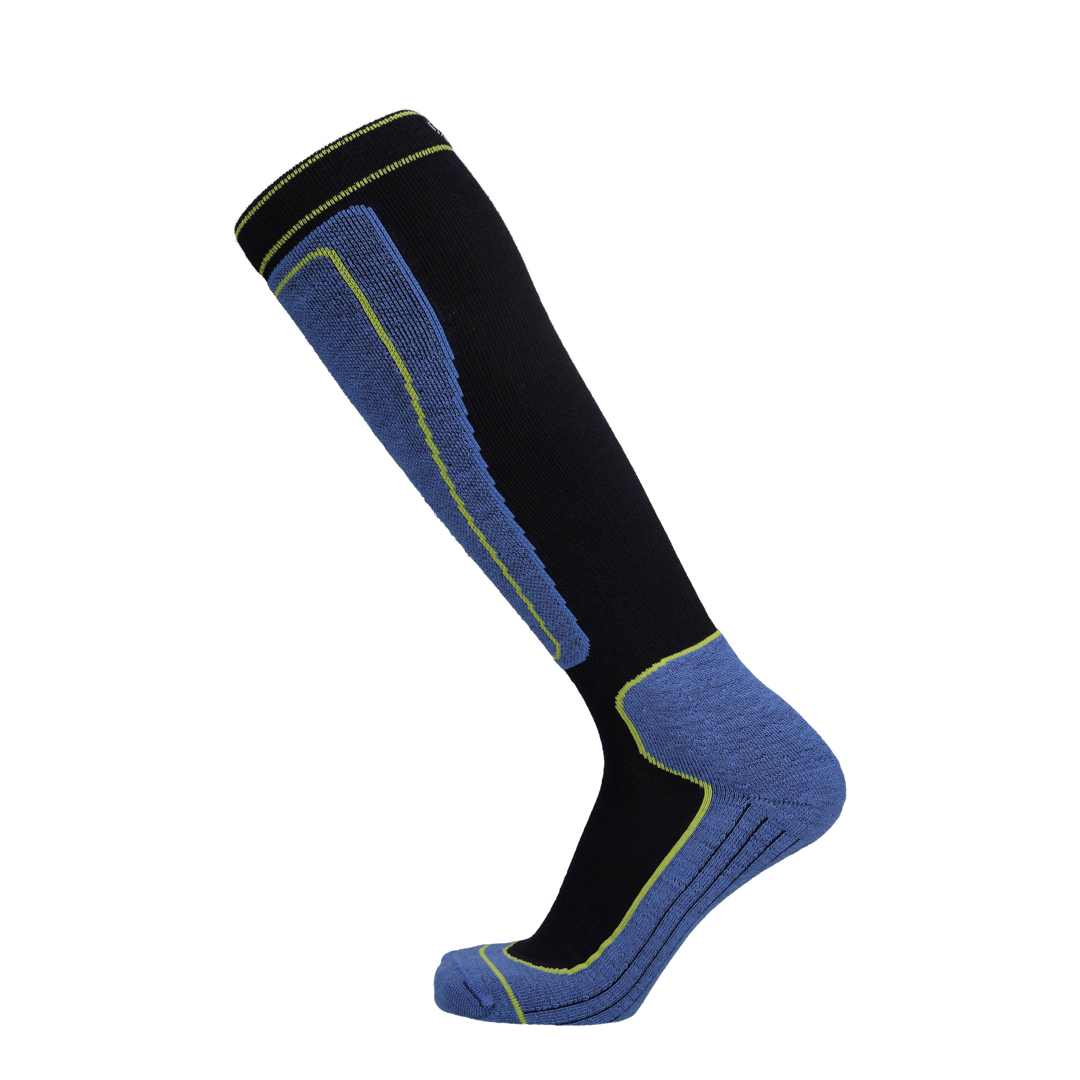 Kniehohe Merino Skisocke schwarz mit blauer Fläche und gelbgrünen Linien
