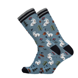 Blaue Merino Socken mit Hasenprint und schwarzem Rippbund
