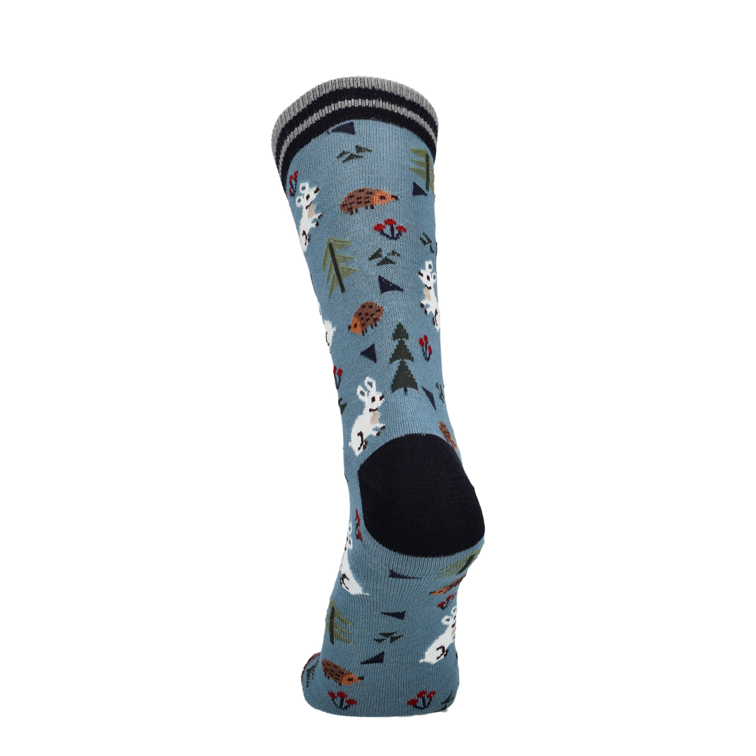 Blaue Merino Socke mit Hasenprint und schwarzer runder Zehe