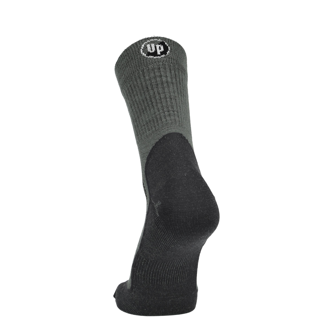 Merino Laufsocke graugrün mit schwarzem Einsatz und Logo oben