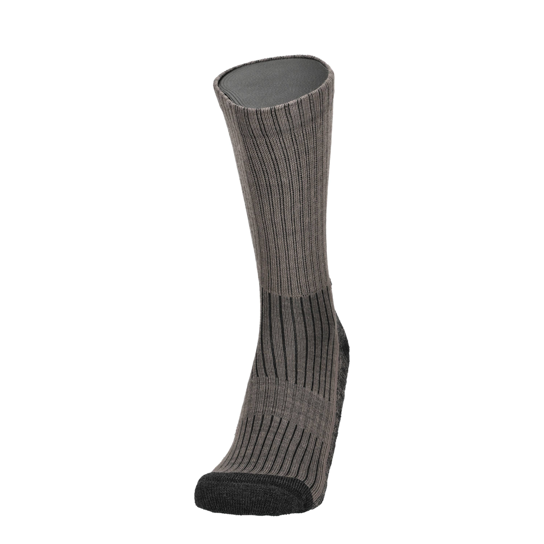 Graue Merino Wandersocke mit Rippbündchen und dunkelgrauem Zehen-/Sohlenrand.
