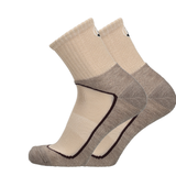 Wandersocken mit beiger Basis, dunkelgrauer Ferse und Zehe, kontrastierende schwarze Paspel