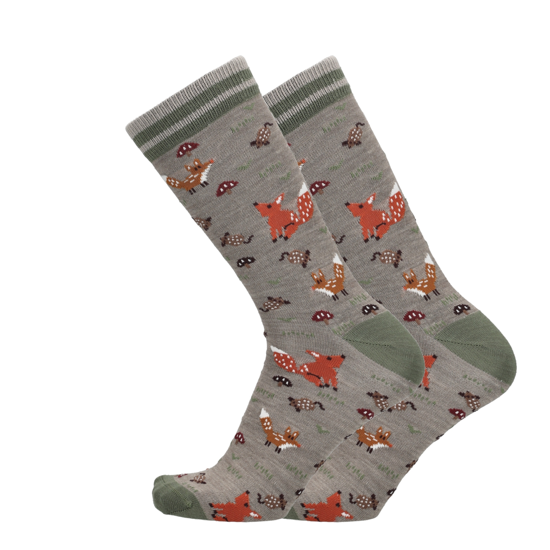 Merino Socken mit Fuchsprint, Taupe Melange mit grünem Bund und Zehe
